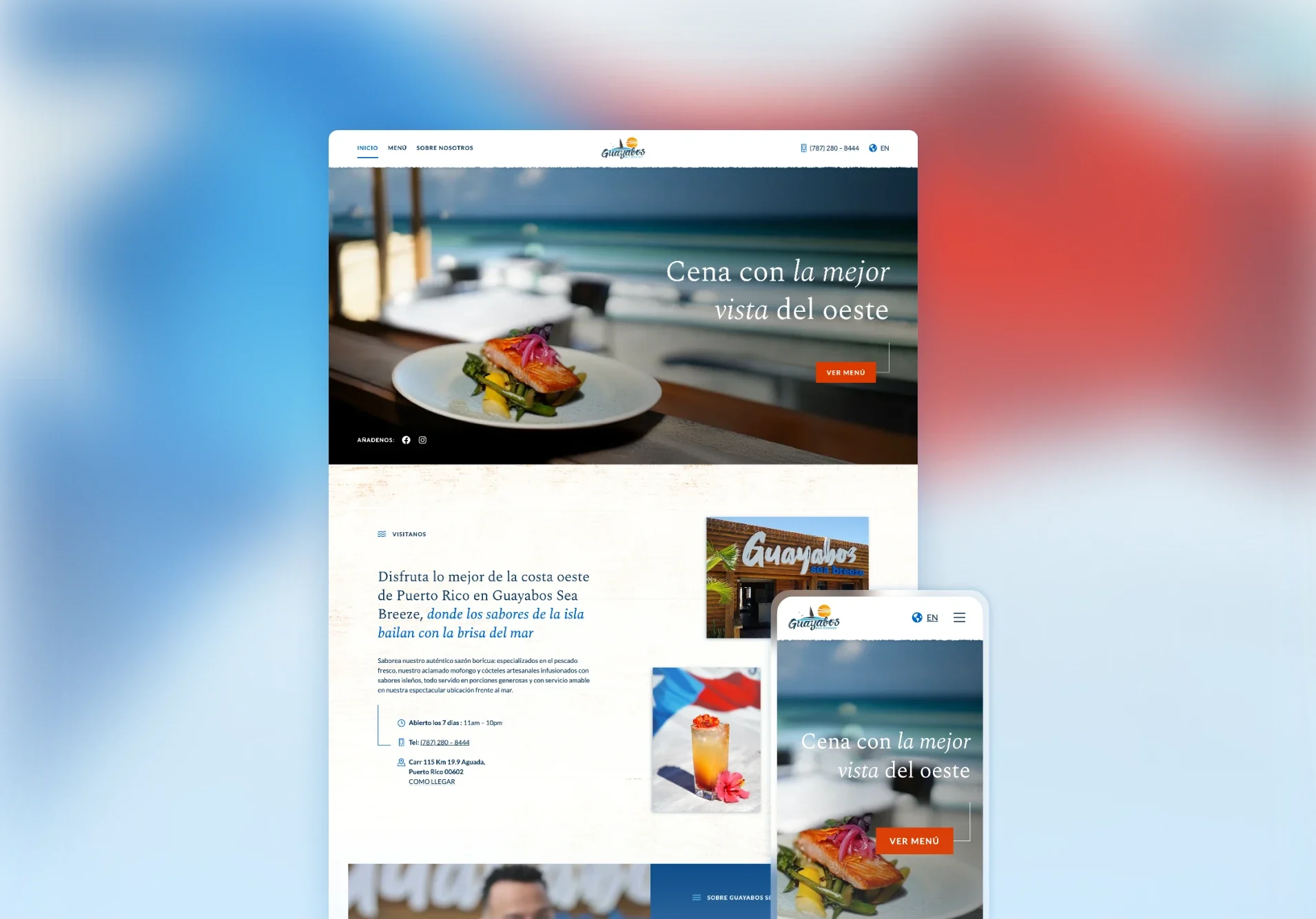 Desktop and mobile mockup of the Guayabo's Sea Breeze homepage.