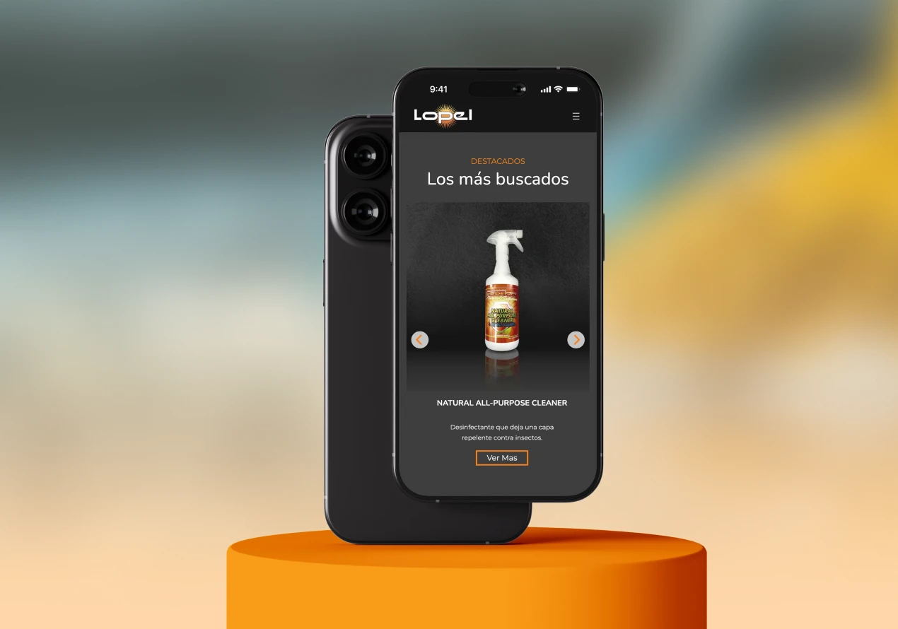 Mobile mockup of Lopel Distributors website "Los más buscados" section.