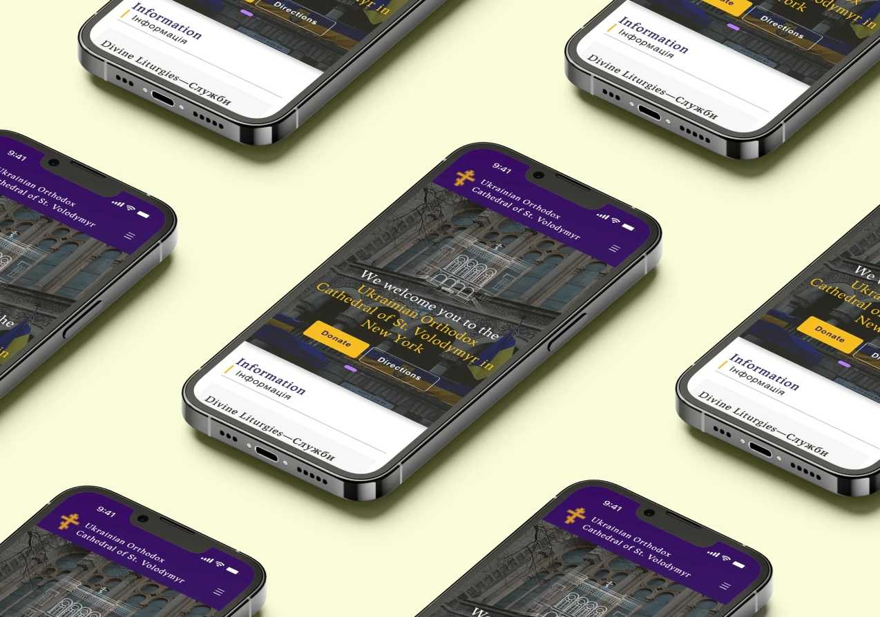 Mobile mockup grid of Ukrainian Orthodox Cathedral of St. Volodymyr website homepage.